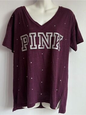 PINK Victoria's Secret Plum V-Neck Tee with Silver Glitter Logo